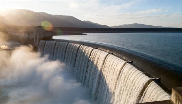 wide cinematic shot of hydroelectric dam perfect for world sustainable energy day