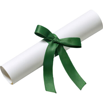 A white paper scroll tied with a green ribbon symbolizes achievement, knowledge, and future opportunities.
