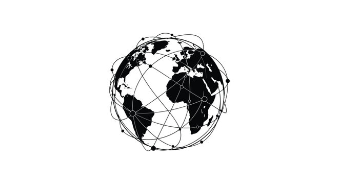 a striking black and white illustration depicting a globe with interconnected lines representing global network and digital communication silhouette high quality