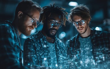 Two men collaborating over a laptop to present an innovative solution in a startup environment