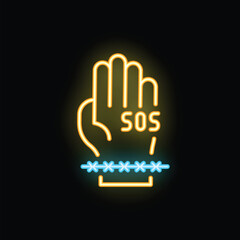 Obraz premium Neon sos signal with handcuffed hand showing through fingers on black background
