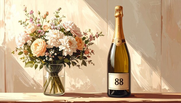 Champagne bottle with number 88 on the label and a bouquet of flowers. Rustic illustration for birthday or anniversary celebration