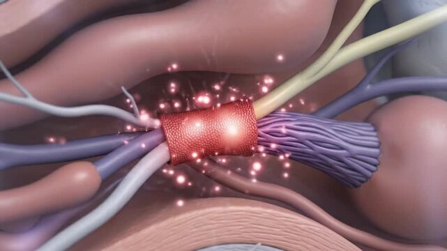 Anatomical medical animation of a cross-section through the human wrist and hand showing nerves and blood vessels