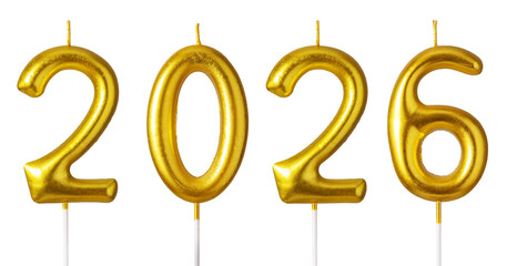 Happy New Year 2026 festive golden candle number 2026 isolated on white background