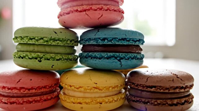Colorful assortment of macarons stacked on a white surface, showcasing the deliciousness of these sweet treats
