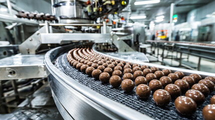 Conveyor belt transports glossy chocolates while high-tech machines coat them in rich milk or dark chocolate in a bustling candy production facility