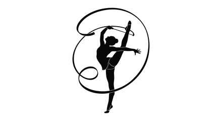 a graceful female gymnast performing a ribbon dance routine captured in a striking black and white silhouette style showcasing poise and artistry © mrvect02