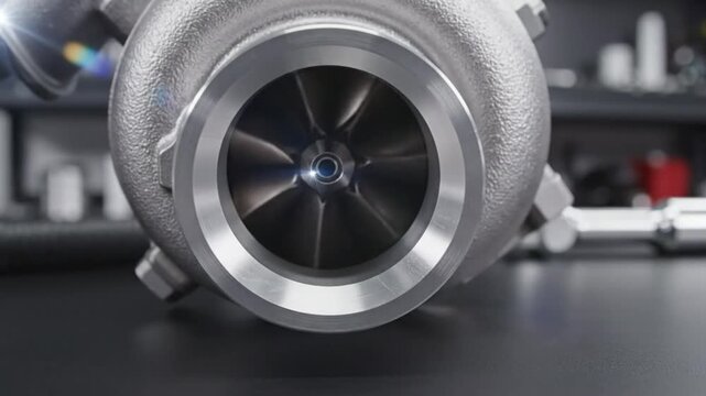 Close-up view of a turbocharger's impeller with its blades spinning quickly inside the housing