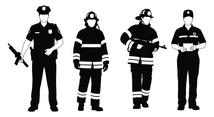 a striking monochrome illustration showcases diverse emergency personnel including police firefighters and medical staff rendered as a bold silhouette high quality © mrvect02