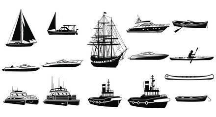a striking monochrome illustration displaying a variety of boat types including sailboats yachts and ships presented as a sleek silhouette © mrvect02