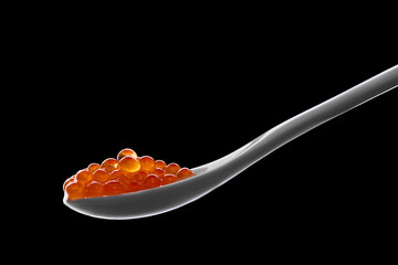 Spoon With Orange Roe Caviar On Black Background, Gourmet Seafood Appetizer, Elegant Presentation