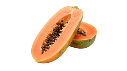 Fresh papaya cut in half showing orange flesh and black seeds   isolated on transparent background	