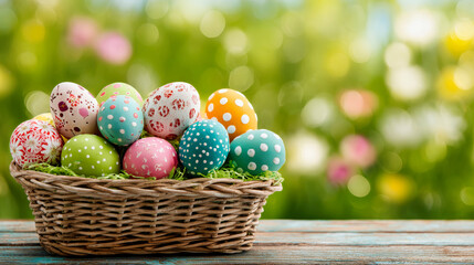 Brightly colored Easter eggs rest in a wicker basket on a green meadow filled with spring flowers and soft sunlight creating a bokeh effect
