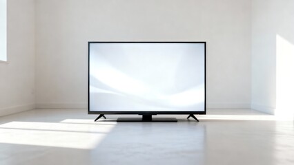 Fototapeta premium Modern flat screen television on stand in bright white empty room with sunlight.