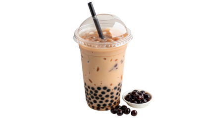 Bubble tea in a clear cup with tapioca pearls served   isolated on transparent background	