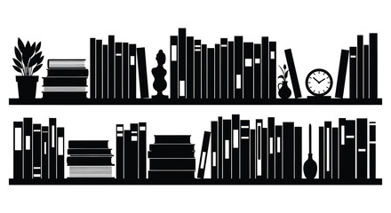 a detailed illustration showcasing a bookshelf arrangement with books plants and decorative objects presented as a striking silhouette high quality professional © mrvect02
