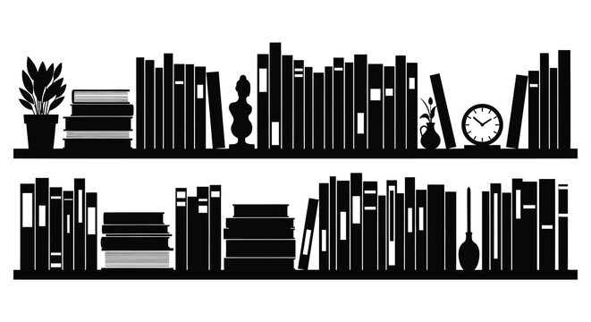 a detailed illustration showcasing a bookshelf arrangement with books plants and decorative objects presented as a striking silhouette high quality professional