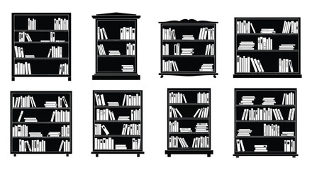 a collection of eight different bookcase designs presented in a clean stark black and white illustration showcasing various shelf arrangements silhouette © mrvect02