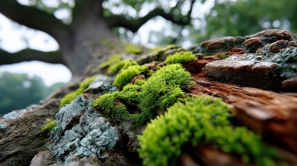 Soft moss covers the intricate texture of ancient tree bark, revealing a microscopic world on forest floor. Macro details reveal natural history in this close-up of decaying wood.