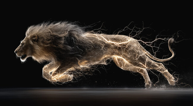 lion running with glowing lightning lines on dark background