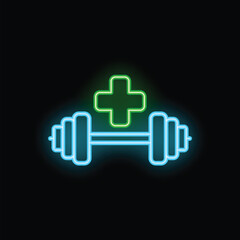 Obraz premium Neon sign representing the concept of healthy lifestyle with dumbbell and medical cross