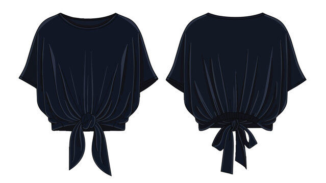Illustrative flat sketch of a dark blue women's top showcasing a relaxed fit with wide short sleeves and distinctive adjustable front and back tie