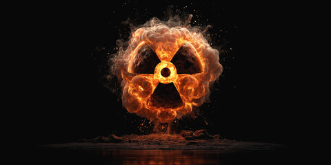 Fiery radioactive hazard symbol dripping molten energy on dark background, representing nuclear danger, contamination risk, environmental threat, extreme power, and apocalyptic warning concept