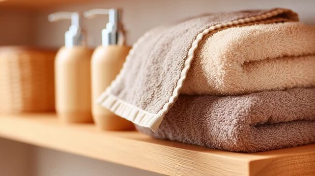 Folded beige and brown bath towels rest on a wooden shelf, the top towel edge lifts and settles as if being arranged, then focus shifts to lotion pumps behind for a fresh spa bathroom feel, calm.