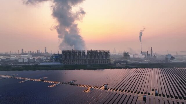 Industrial zone with smoking chimneys coexisting with solar photovoltaic panels at dusk