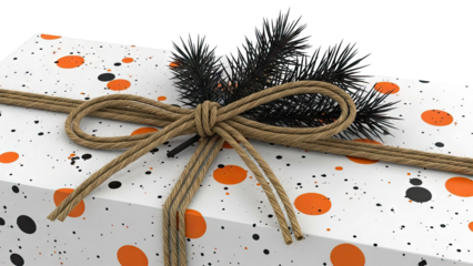 Gift box with Halloween-themed wrapping paper and jute twine bow
