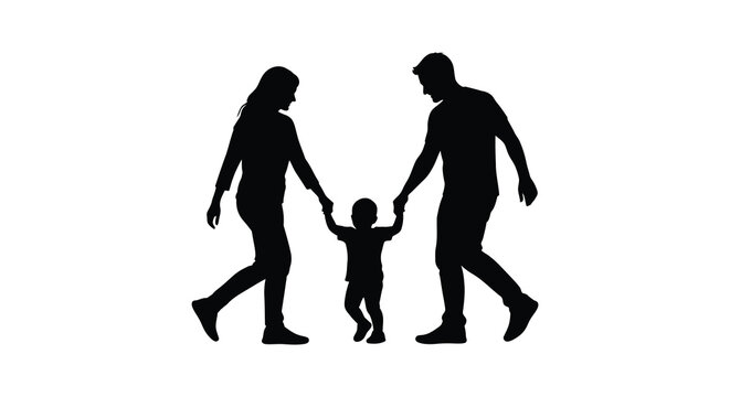 a family of three walking hand in hand depicting a parent and child enjoying a shared moment presented as a striking silhouette