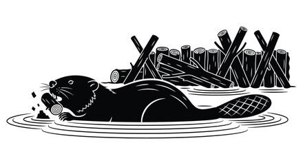 a detailed illustration depicts a beaver swimming in water chewing on a piece of wood presented as a striking black silhouette © mrvect02