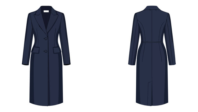 Elegant navy blue full-length coat design showing both front and back views for versatile fashion illustration.