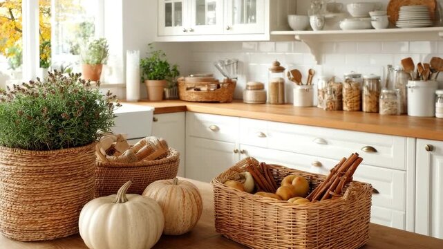 Cozy autumn kitchen decor with pumpkins, baskets, and fall leaves on marble counter. Country-style kitchen with fall-themed accents like pumpkin bowls, apple baskets, and cinnamon sticks