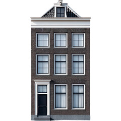 Fototapeta premium Traditional brown brick building, black door, multi-paned windows, light trim, symmetrical design.