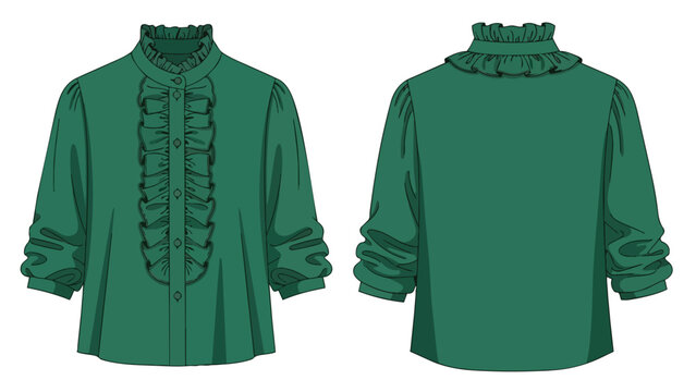 Emerald green blouse illustration with ruffled collar and front placket, puffed sleeves, gathered cuffs. This elegant apparel design flat sketch