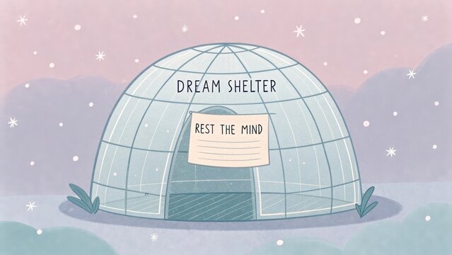 A transparent geodesic dome structure labeled 'Dream Shelter' with a sign saying 'Rest the Mind' invites peace and tranquility.