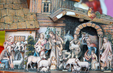 Fototapeta premium Modern Christmas Nativity Scene with Virgin Mary, Saint Joseph, and Jesus baby.