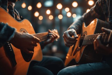 Obraz premium Two people playing acoustic guitar duet with warm bokeh lights in background creating cozy and intimate atmosphere during music session