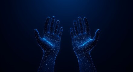 Glowing blue particle hands raised upwards in darkness