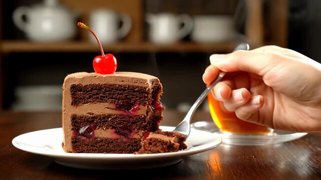 Delicious chocolate cake dessert served with tea. Hands enjoy fork cutting into rich layers of cake. Red cherry on top adds vibrant color. Perfect for coffee break or celebration.