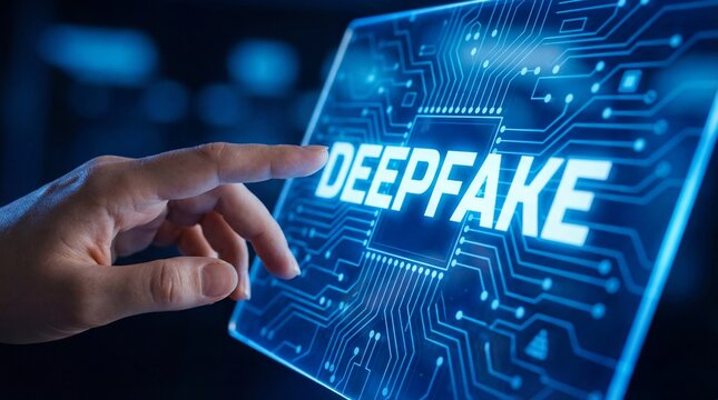 Human finger touching glowing blue deepfake technology screen interface