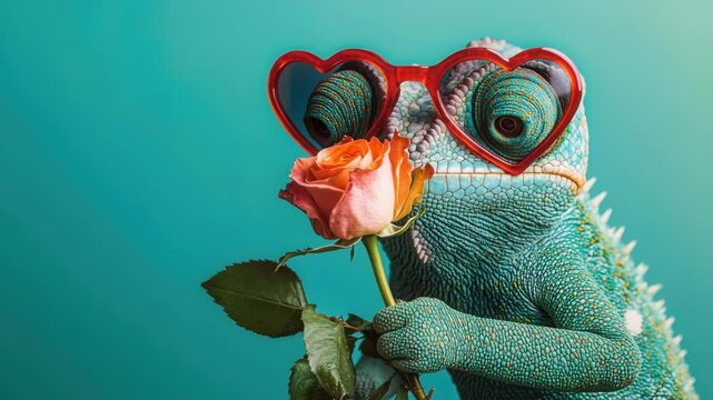 Whimsical viewpoint of a chameleon in vibrant colors and a charming rose studio