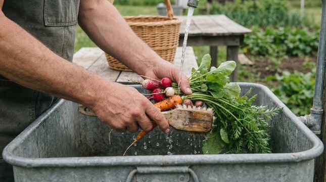 Washing freshly picked vegetables in a garden