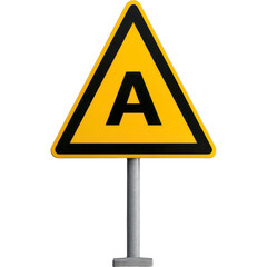 A yellow triangle warning sign with a black border and the letter 'A' on a metal pole. Caution ahead.
