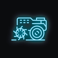 Obraz premium Neon glowing icon of a road roller compacting soil during construction works