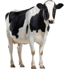 Fototapeta premium A black and white cow standing, isolated on a black background, looking directly at the viewer.