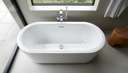 Fototapeta premium White freestanding bathtub with silver faucet in a bathroom with a window white bathtub