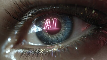 A close-up of a human eye with a neon pink AI logo reflected in the pupil, symbolizing artificial intelligence and technology