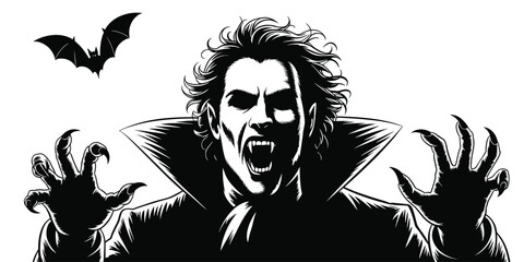 Fototapeta premium Menacing detailed vampire with sharp fangs and clawed hands portrait illustration in black and white with bat flying horror halloween themed design for posters and graphic novel artwork spooky and dra